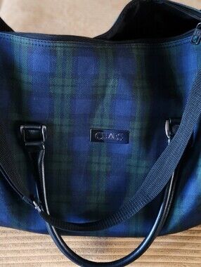 Chaps Blue and Green Plaid Tote with Logo Plaque